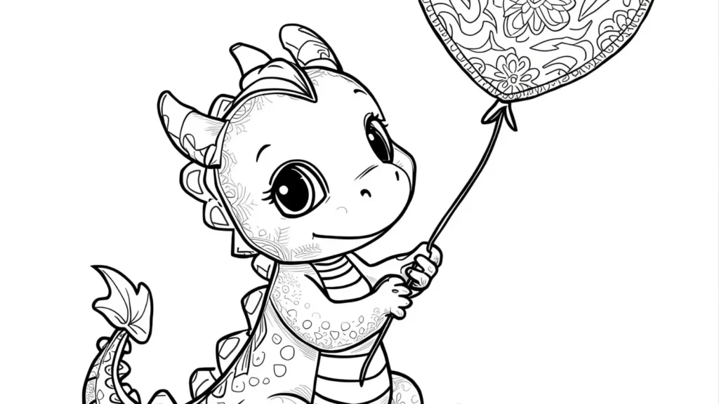 Baby Dragon With Heart Balloon Coloring Page