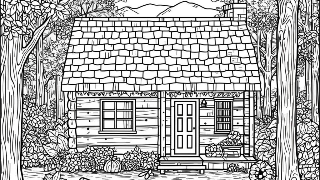 Cozy Cabin Autumn Coloring Pages