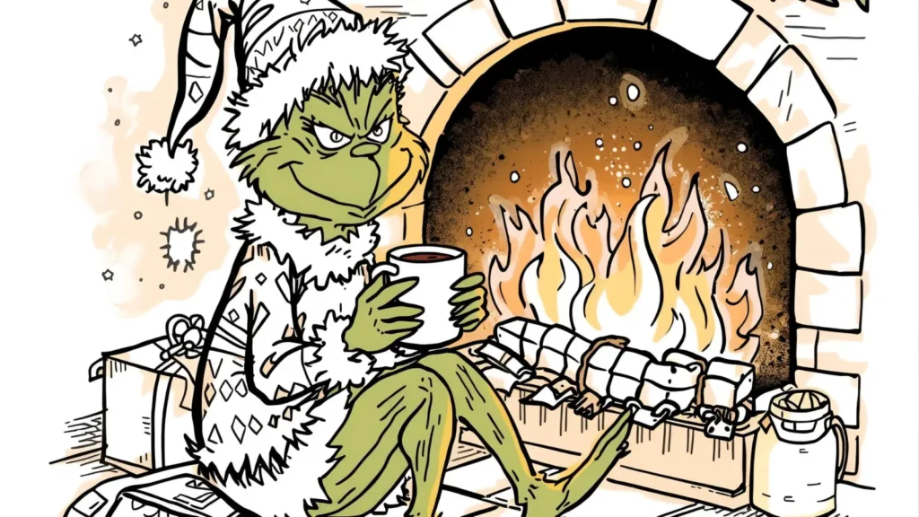 Cozy Grinch by the Fireplace Coloring Page