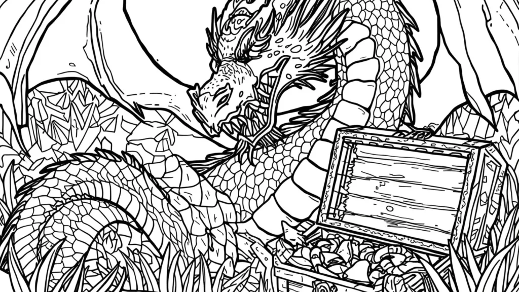 Dragon and Treasure Coloring Page