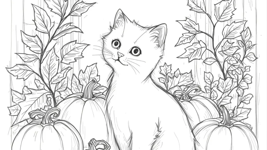 Kitty Autumn Coloring Pages