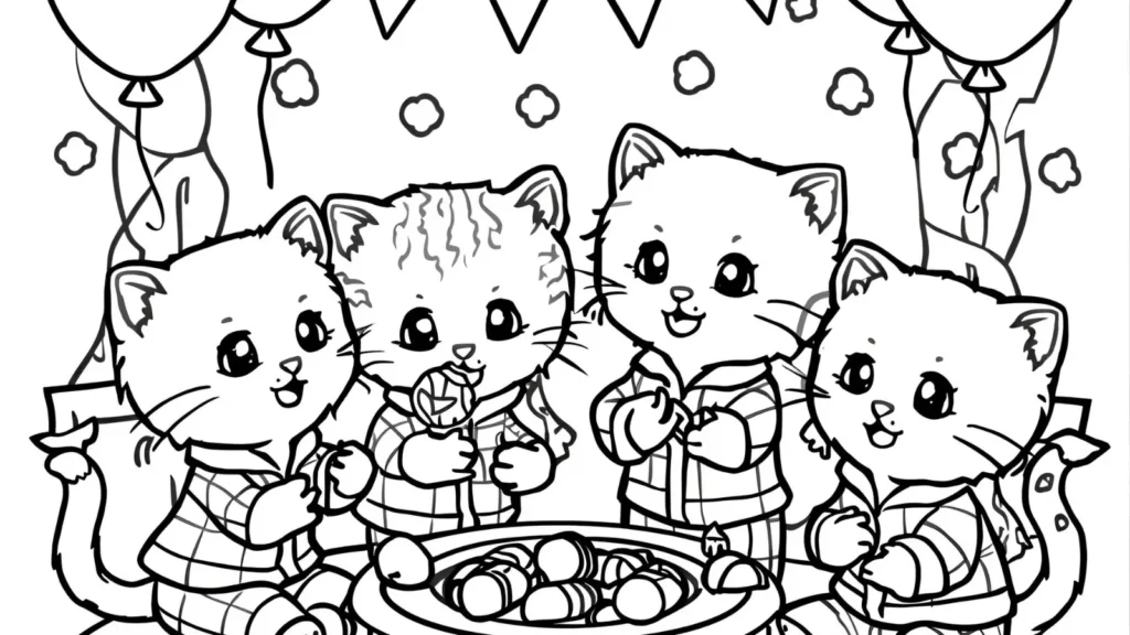 Kitty Pajama Party Coloring Pages