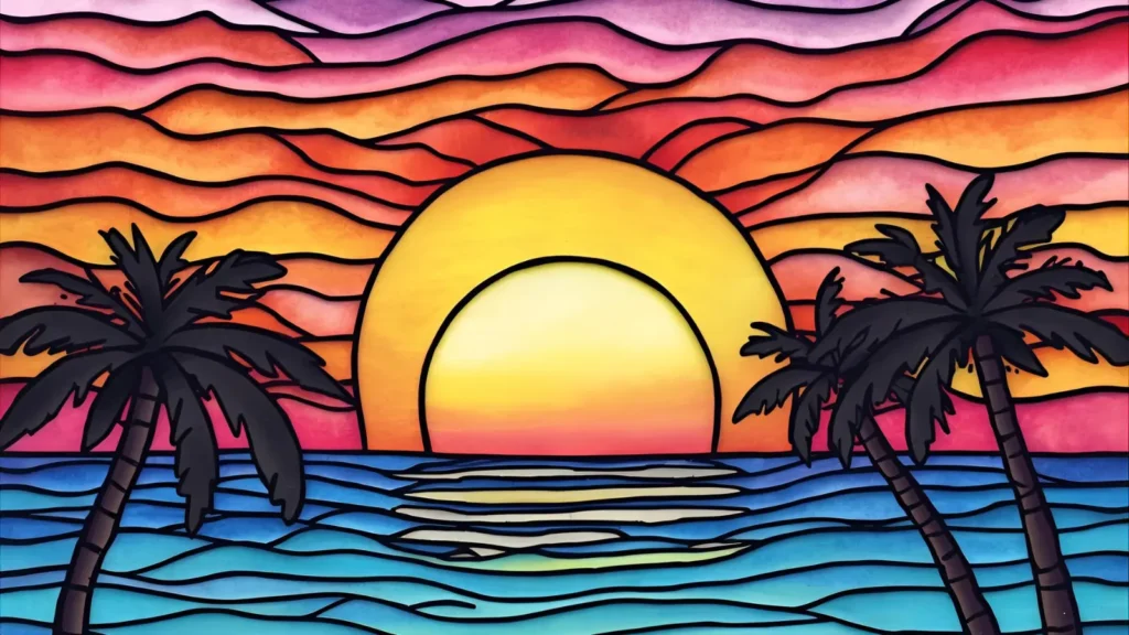Tropical Beach Sunset Coloring Pages 🌅