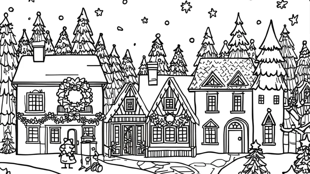 🏠 Christmas Village Coloring Pages